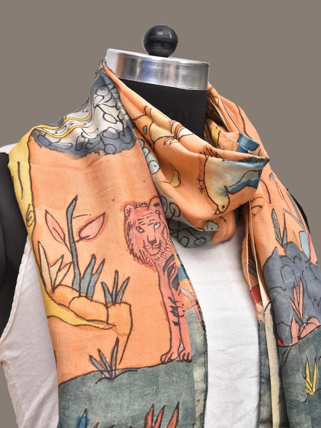 Orange Kalamkari Hand Painted Sico Stole with Animals and Trees Design ds3270