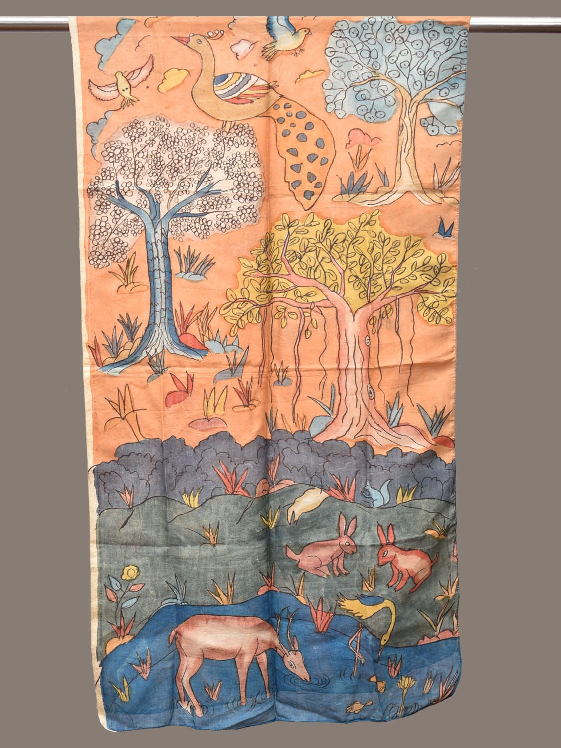 Orange Kalamkari Hand Painted Sico Stole with Animals and Trees Design ds3270
