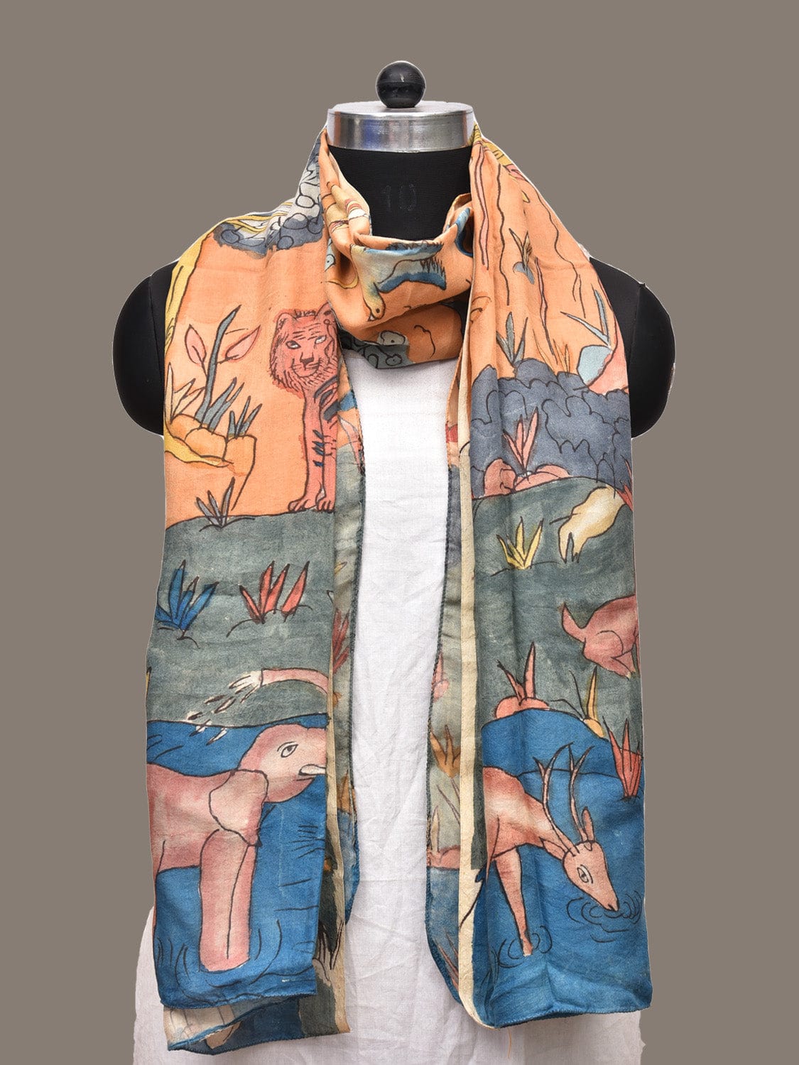 Orange Kalamkari Hand Painted Sico Stole with Animals and Trees Design ds3270