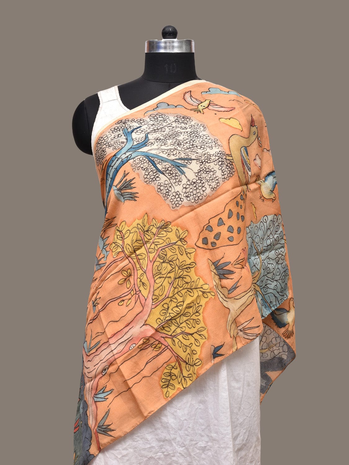 Orange Kalamkari Hand Painted Sico Stole with Animals and Trees Design ds3270