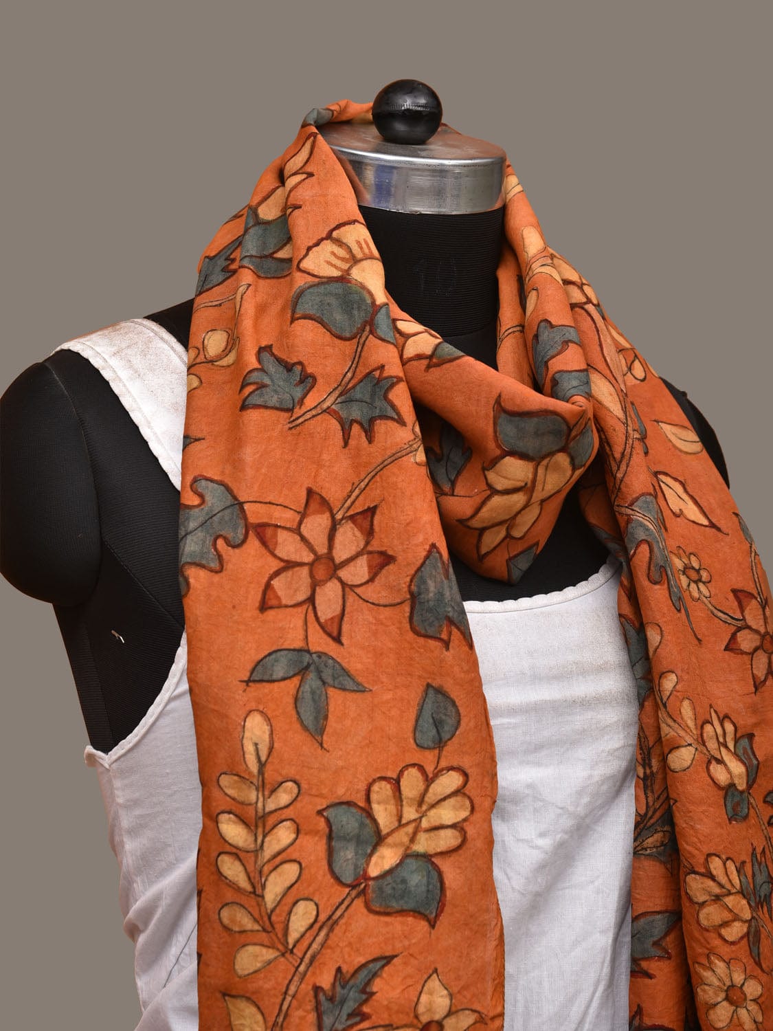 Orange Kalamkari Hand Painted Sico Stole with Floral Design ds3145