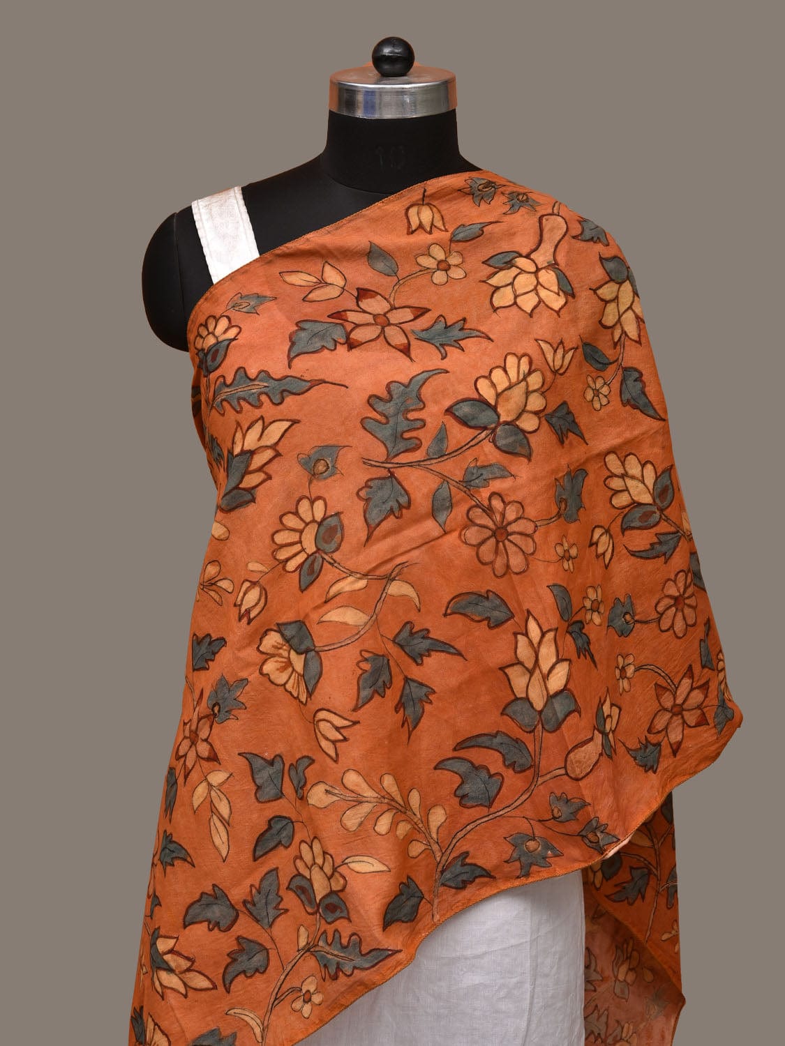 Orange Kalamkari Hand Painted Sico Stole with Floral Design ds3145