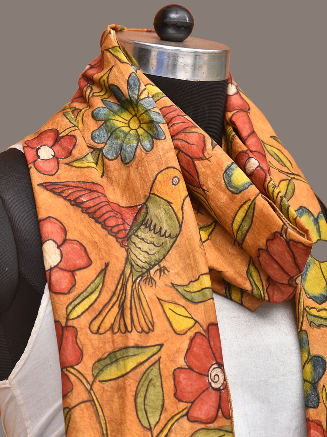 Orange Kalamkari Hand Painted Sico Stole with Floral Design ds3301