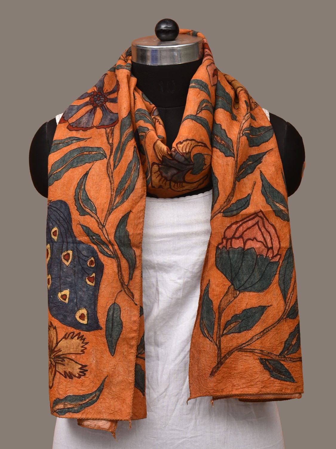 Orange Kalamkari Hand Painted Sico Stole with Lotus and Peacock Design ds3143