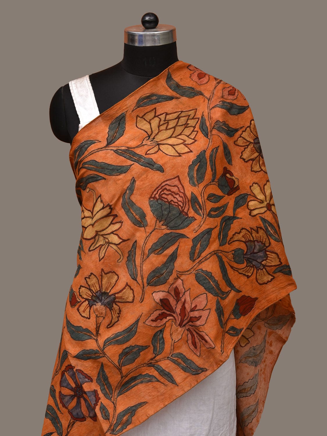 Orange Kalamkari Hand Painted Sico Stole with Lotus and Peacock Design ds3143
