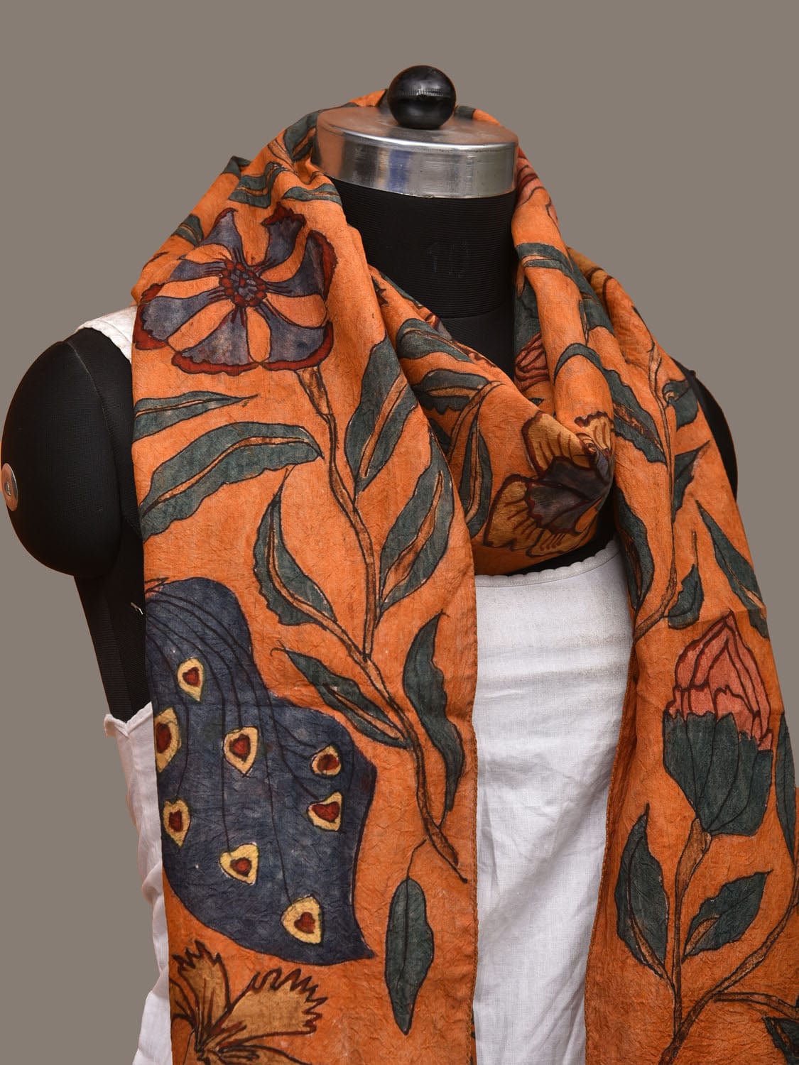 Orange Kalamkari Hand Painted Sico Stole with Lotus and Peacock Design ds3143