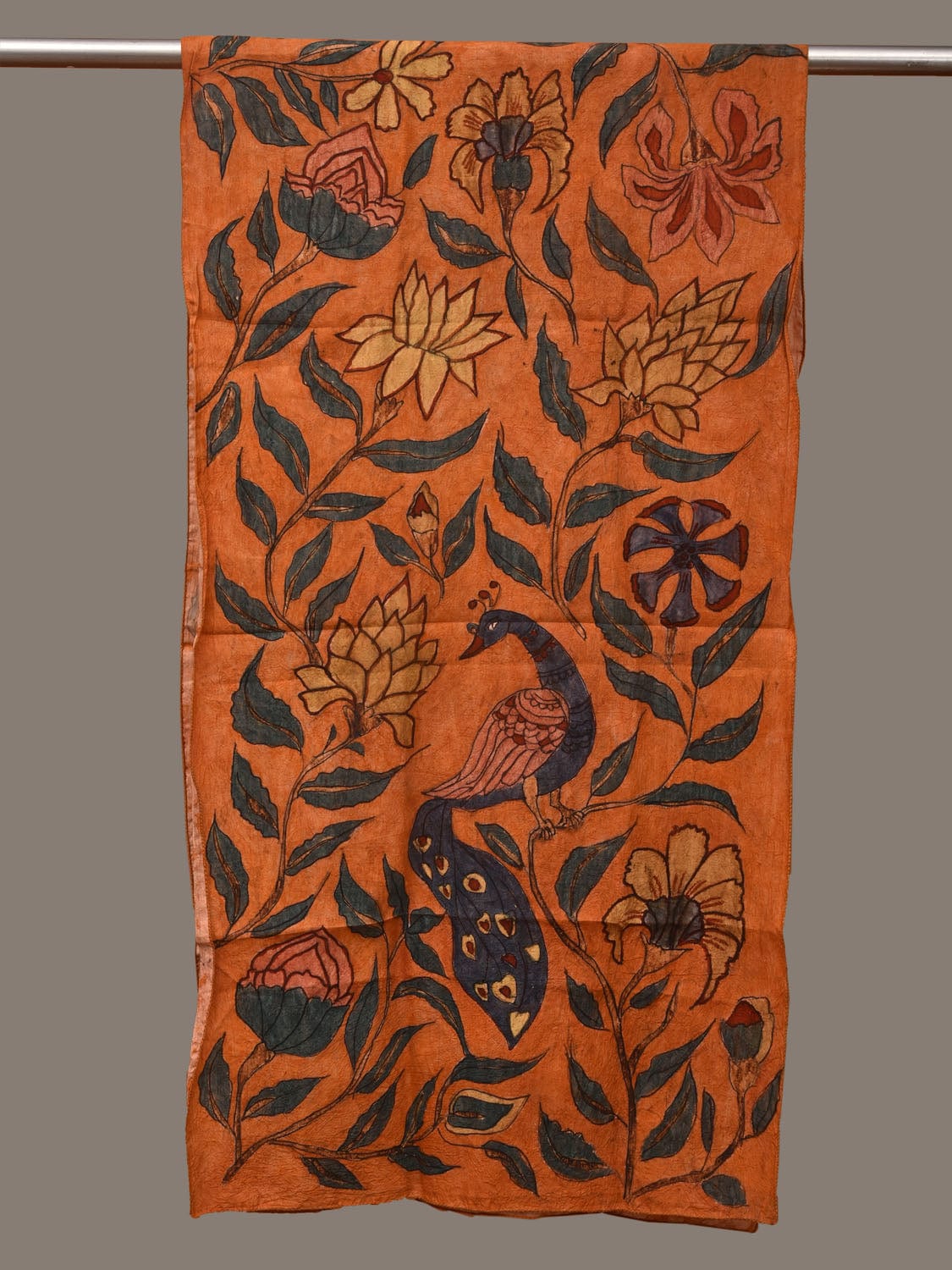 Orange Kalamkari Hand Painted Sico Stole with Lotus and Peacock Design ds3143
