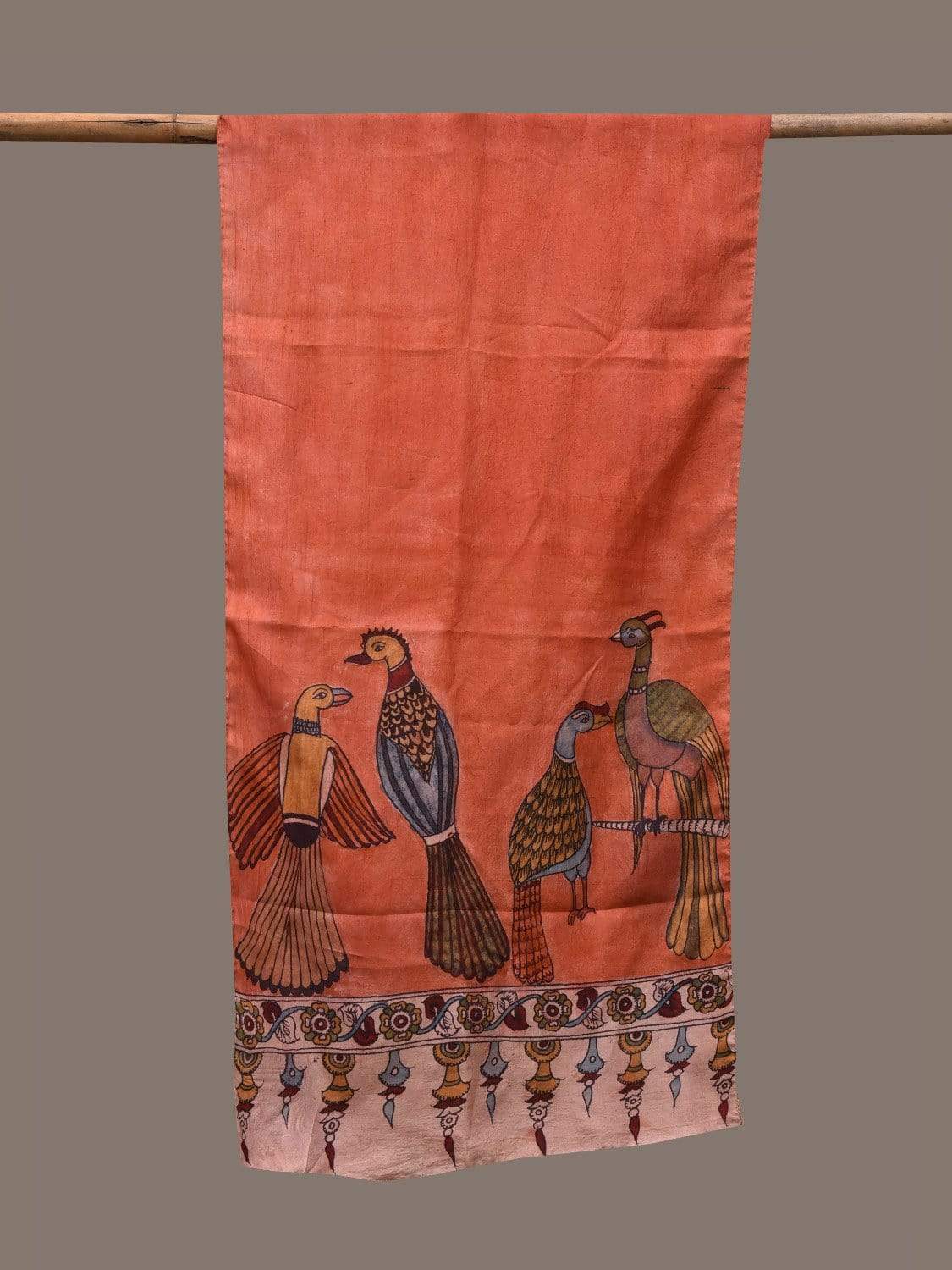 Orange Kalamkari Hand Painted Silk Handloom Stole with Birds Design ds2342