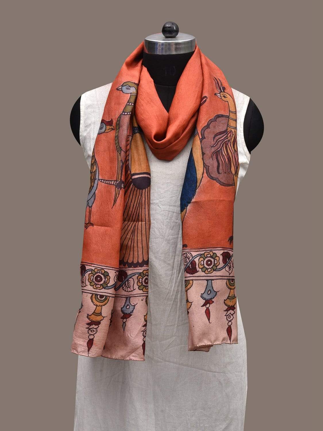 Orange Kalamkari Hand Painted Silk Handloom Stole with Birds Design ds2342