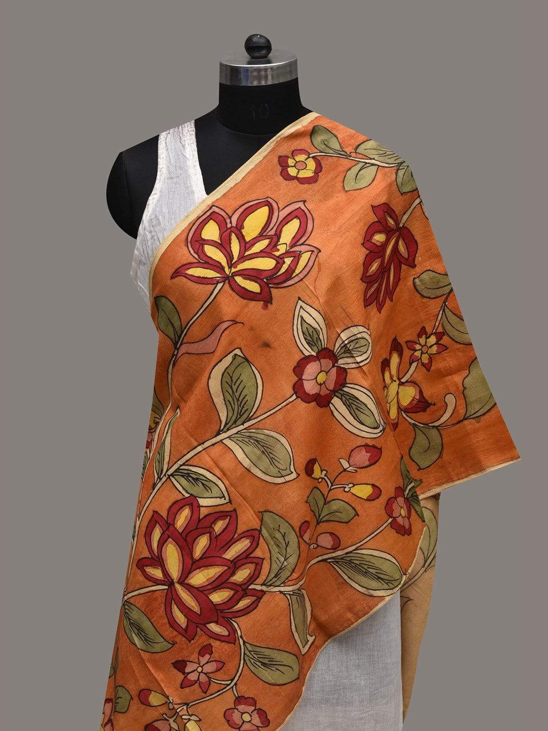 Orange Kalamkari Hand Painted Silk Handloom Stole with Floral Design ds2568