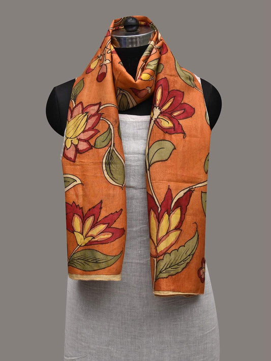 Orange Kalamkari Hand Painted Silk Handloom Stole with Floral Design ds2568