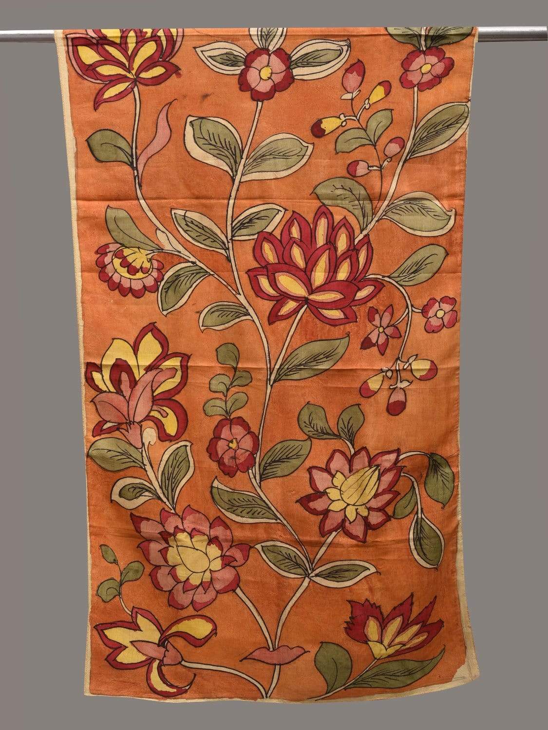 Orange Kalamkari Hand Painted Silk Handloom Stole with Floral Design ds2568