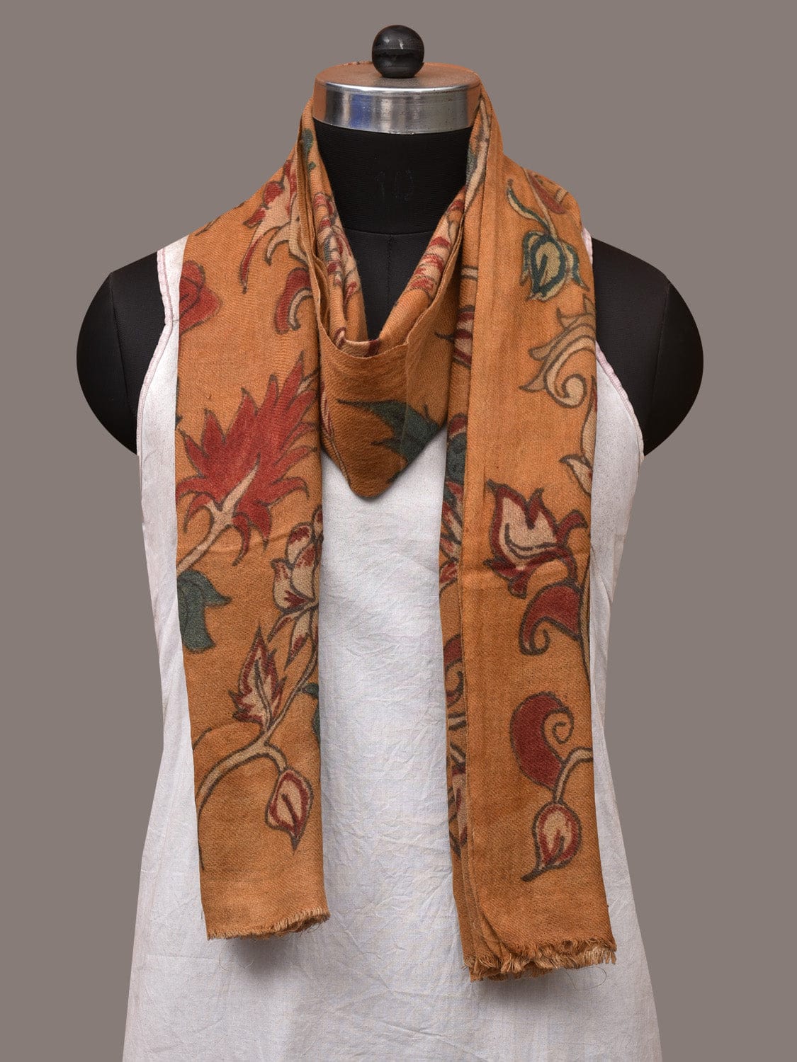 Orange Kalamkari Hand Painted Woolen Handloom Stole with Floral Design ds3531