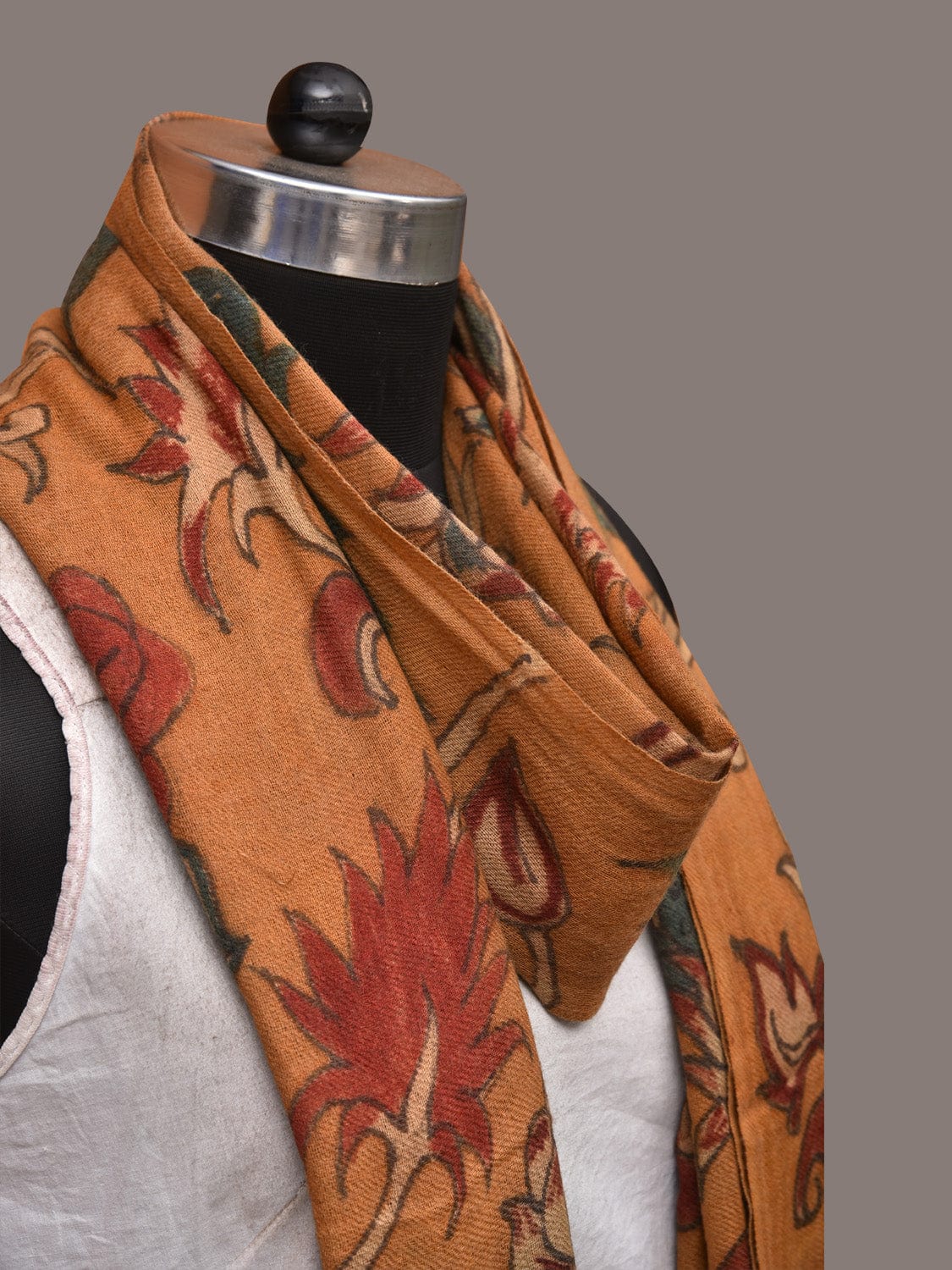 Orange Kalamkari Hand Painted Woolen Handloom Stole with Floral Design ds3531