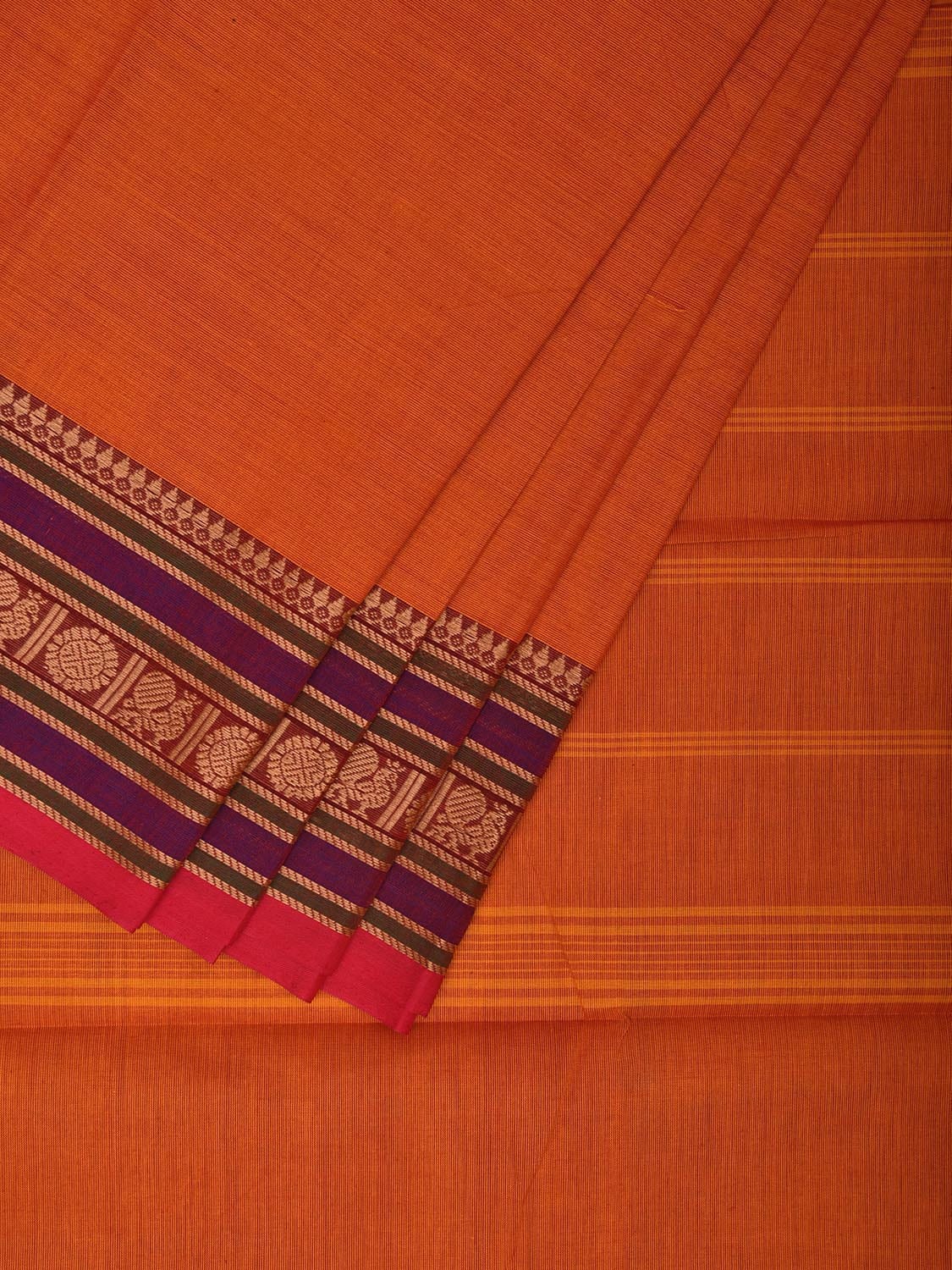 Orange Kanchipuram 80s Cotton Plain Saree with Peacock-Rudraksh Border Design No Blouse k0661