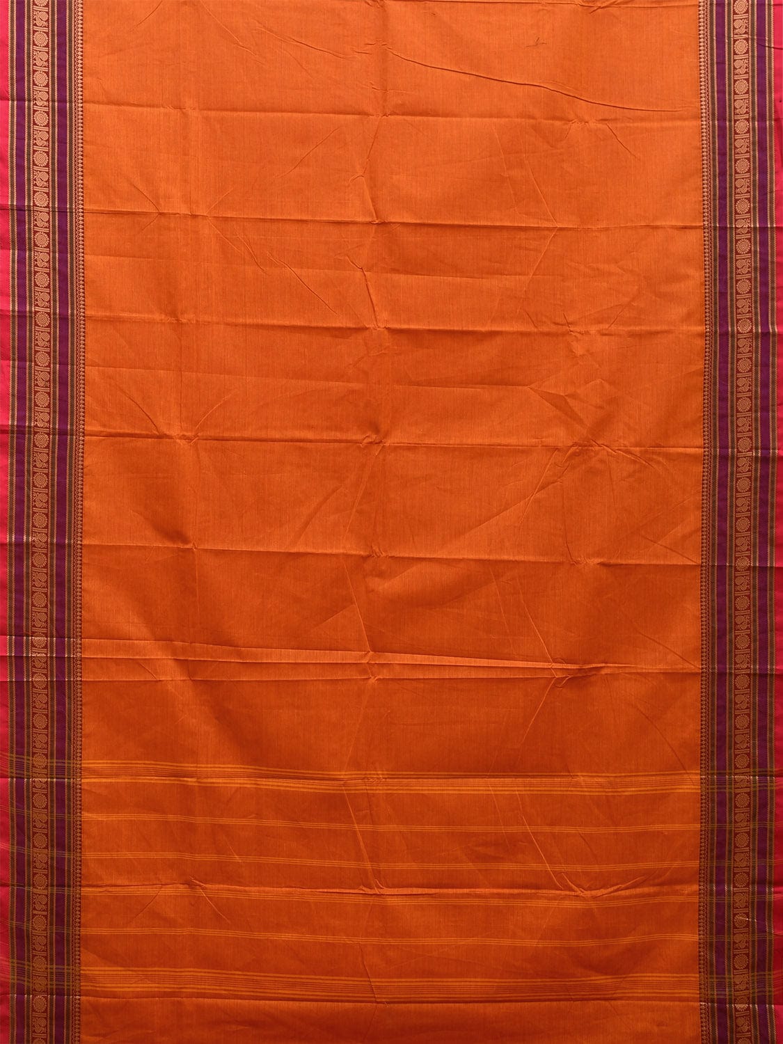 Orange Kanchipuram 80s Cotton Plain Saree with Peacock-Rudraksh Border Design No Blouse k0661