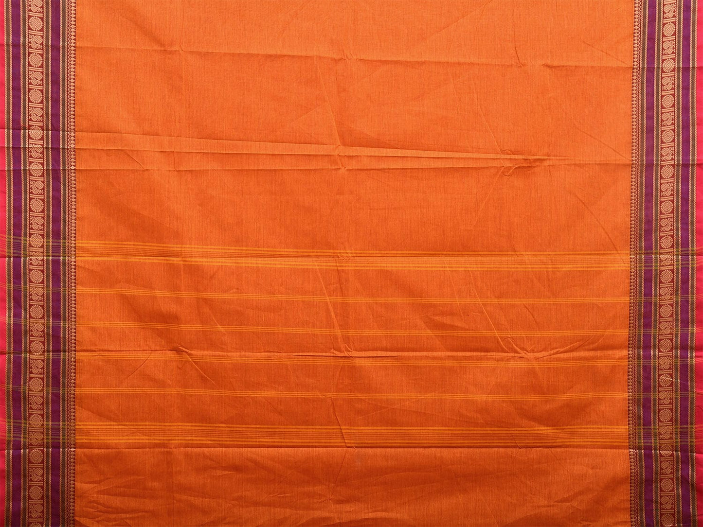 Orange Kanchipuram 80s Cotton Plain Saree with Peacock-Rudraksh Border Design No Blouse k0661