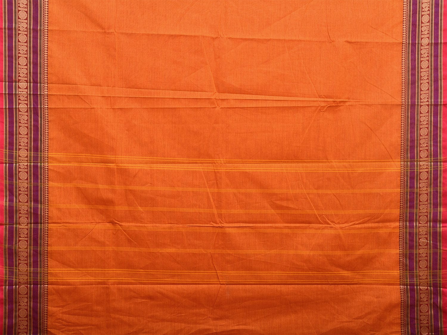 Orange Kanchipuram 80s Cotton Plain Saree with Peacock-Rudraksh Border Design No Blouse k0661