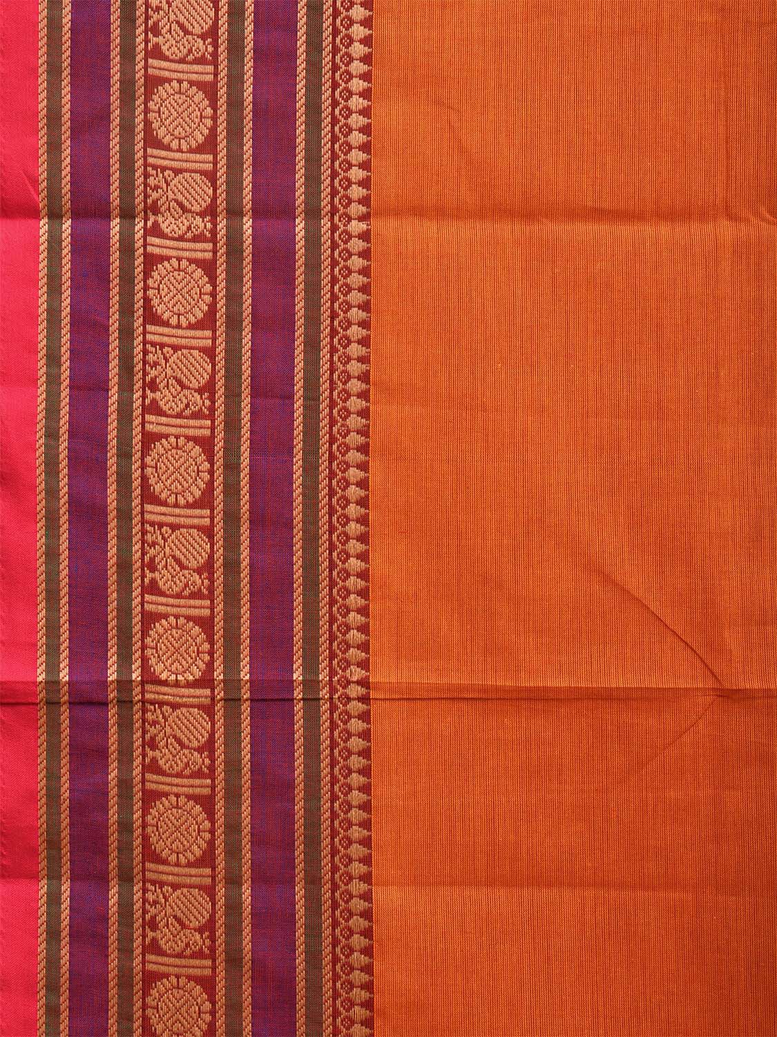 Orange Kanchipuram 80s Cotton Plain Saree with Peacock-Rudraksh Border Design No Blouse k0661