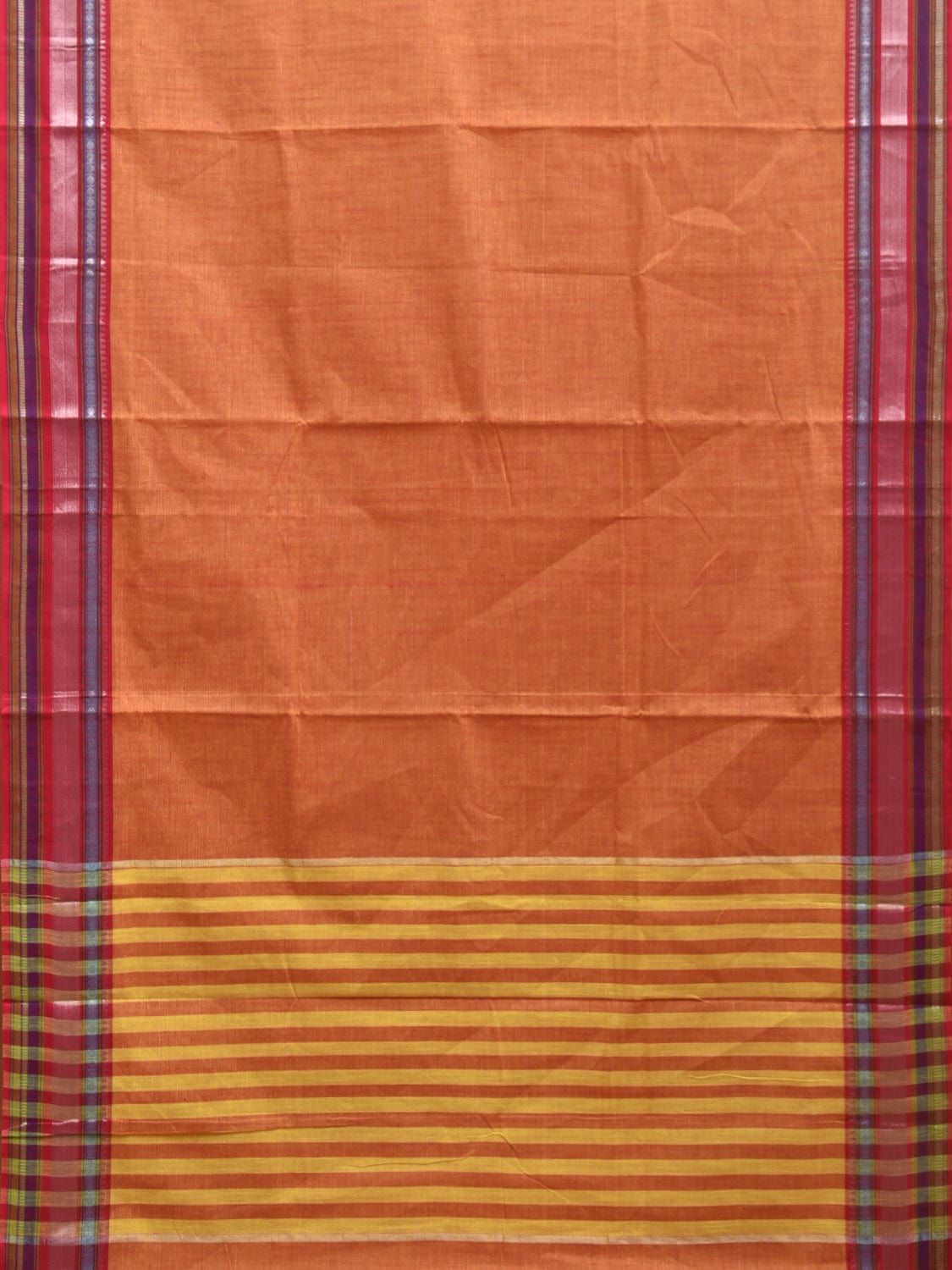 Orange Kanchipuram Cotton Handloom Saree with Border and Strips Pallu Design k0536