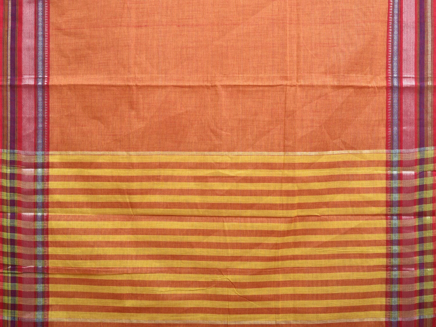 Orange Kanchipuram Cotton Handloom Saree with Border and Strips Pallu Design k0536