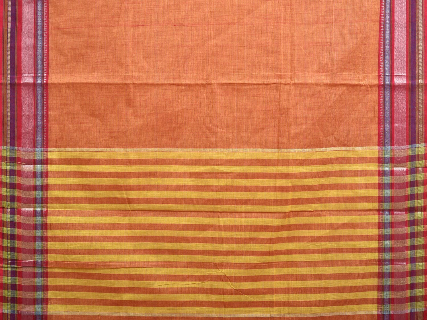 Orange Kanchipuram Cotton Handloom Saree with Border and Strips Pallu Design k0536