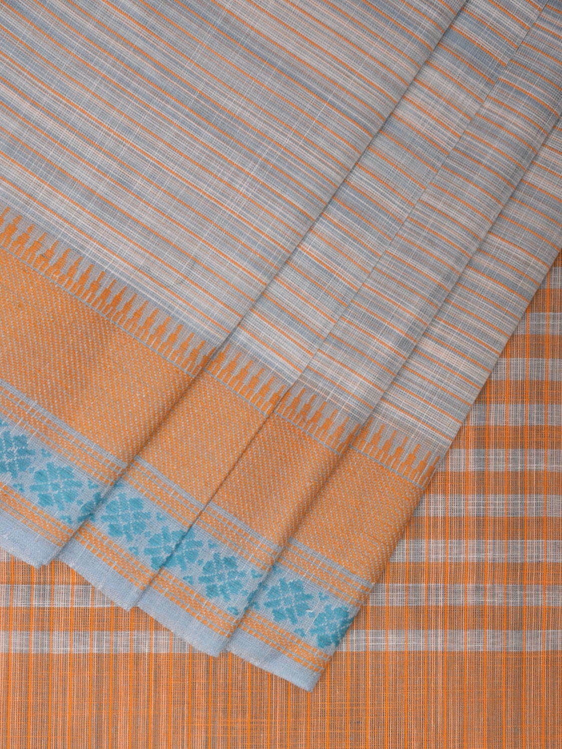 Orange Kanchipuram Cotton Handloom Saree with Strips and Border Design k0584