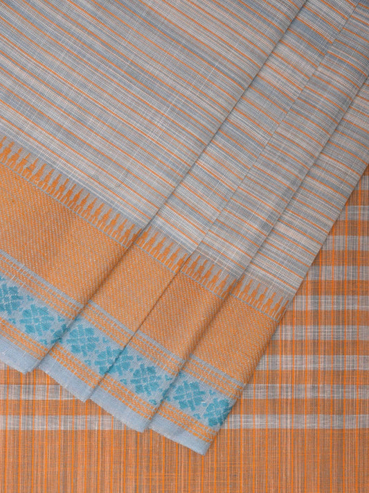 Orange Kanchipuram Cotton Handloom Saree with Strips and Border Design k0584