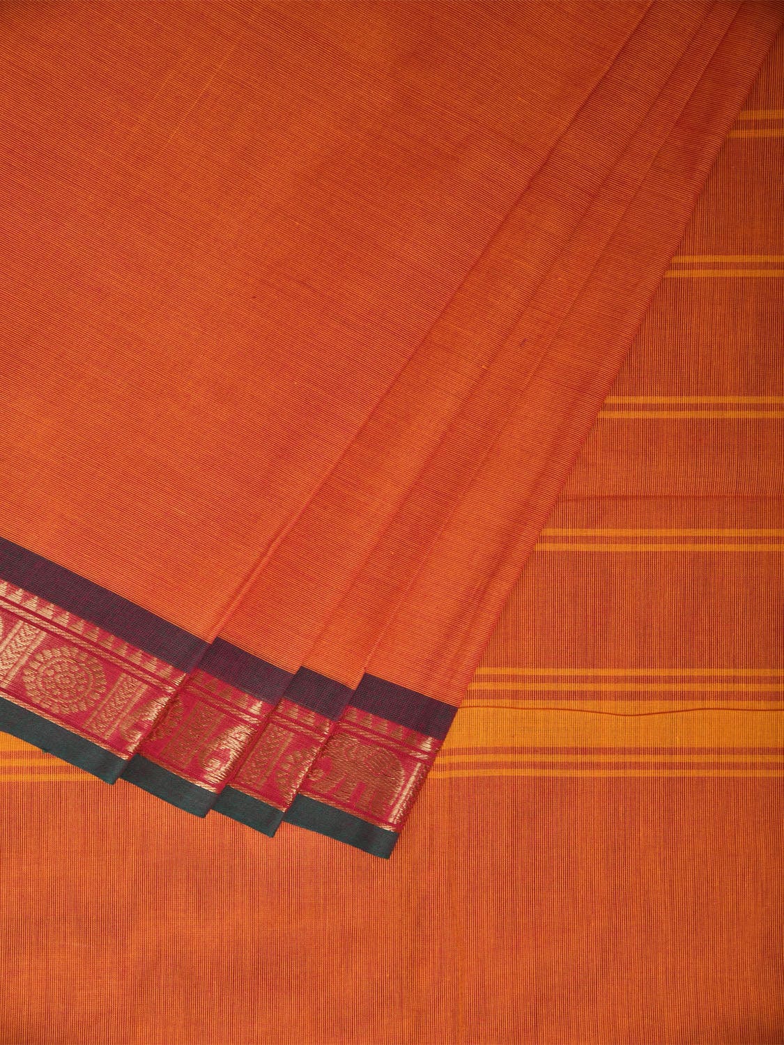 Orange Kanchipuram Cotton Plain Saree with Elephant Border Design Kalamkari Blouse k0818