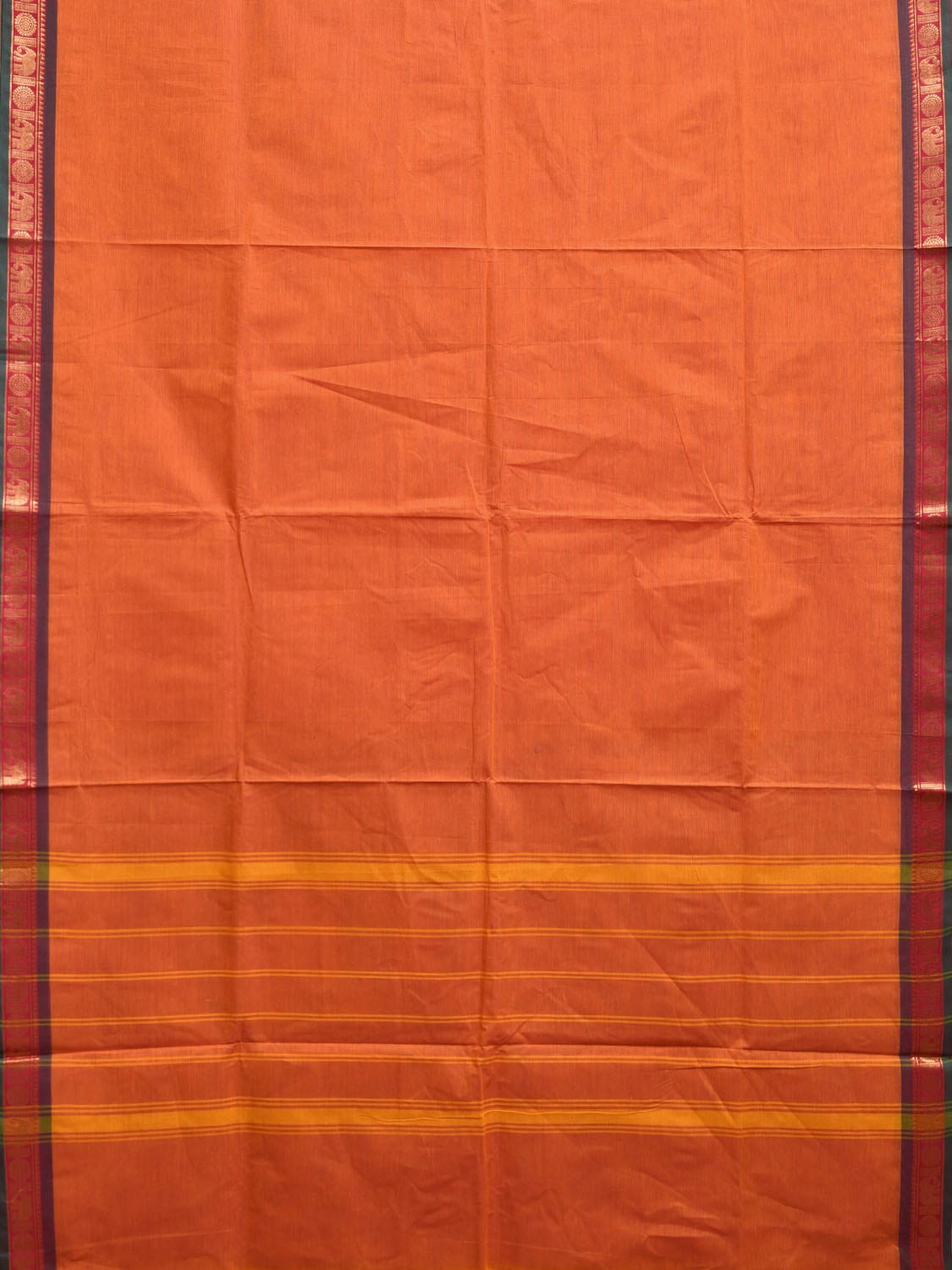 Orange Kanchipuram Cotton Plain Saree with Elephant Border Design Kalamkari Blouse k0818