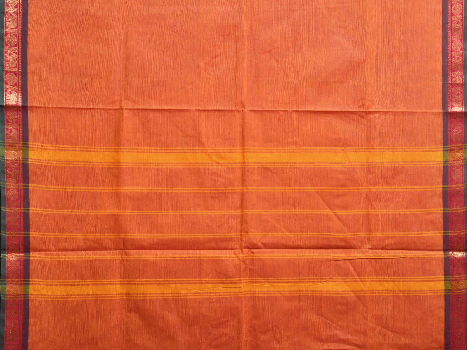 Orange Kanchipuram Cotton Plain Saree with Elephant Border Design Kalamkari Blouse k0818