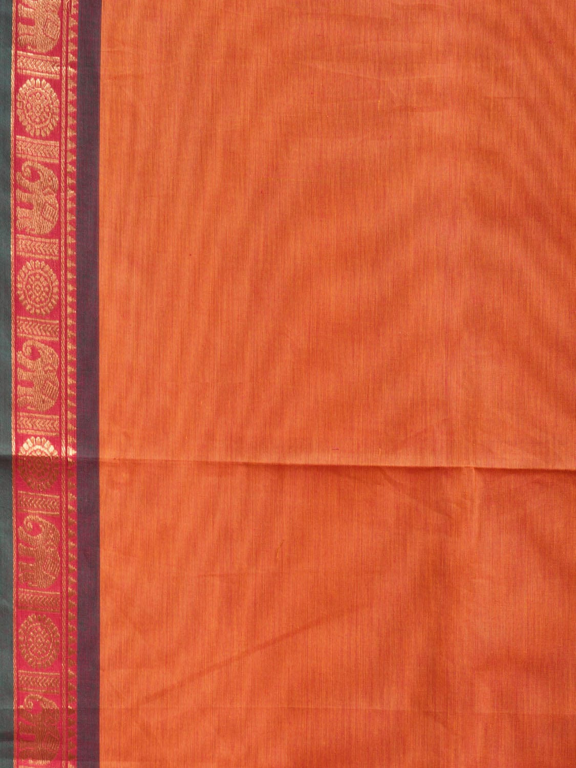 Orange Kanchipuram Cotton Plain Saree with Elephant Border Design Kalamkari Blouse k0818