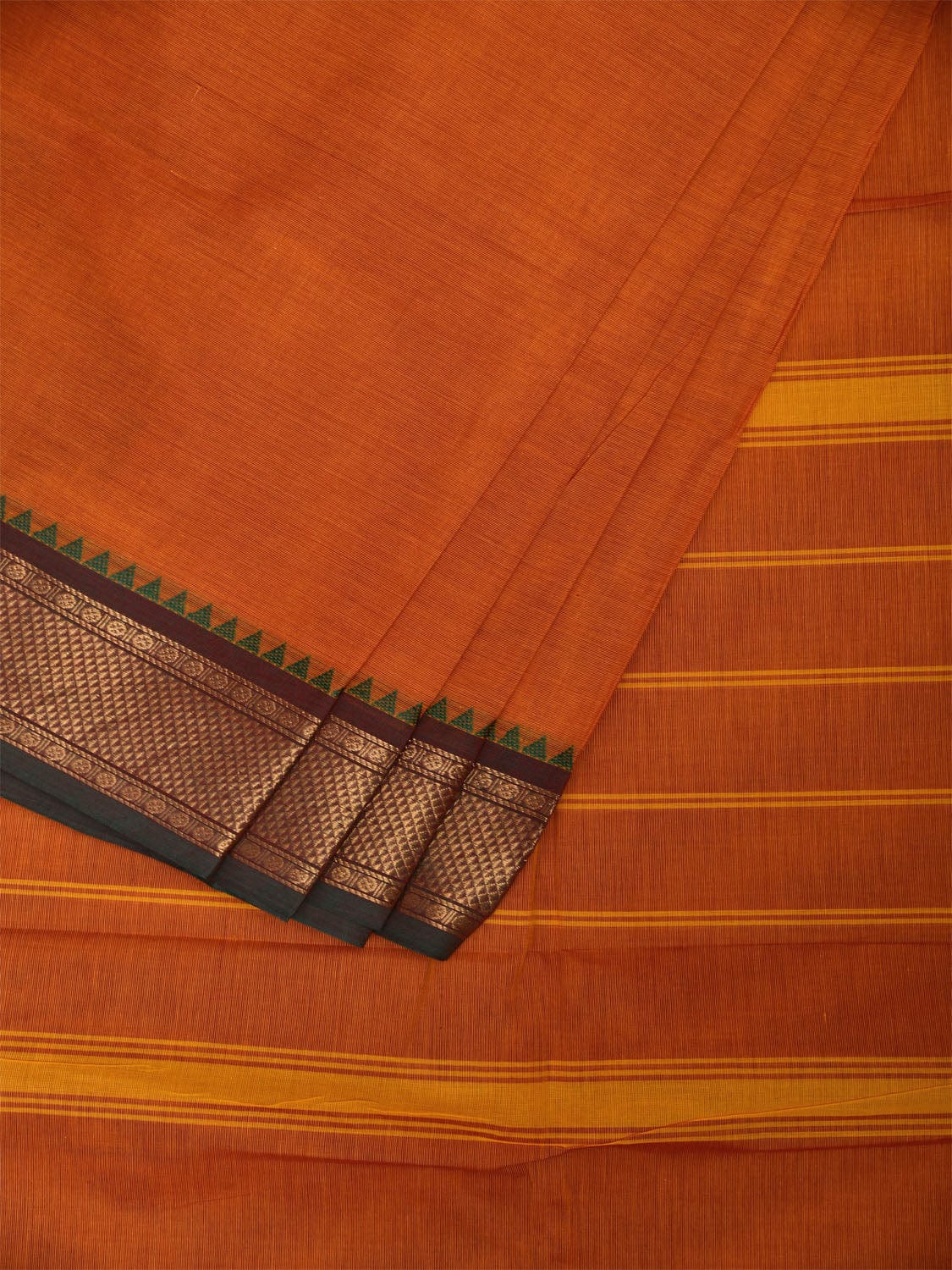 Orange Kanchipuram Cotton Plain Saree with Ganga-Jamuna Border Design No Blouse k0831