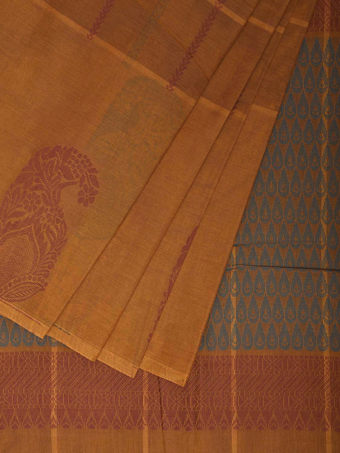 Orange Kanchipuram Cotton Saree with Big Checks and Mango Border Design k0841