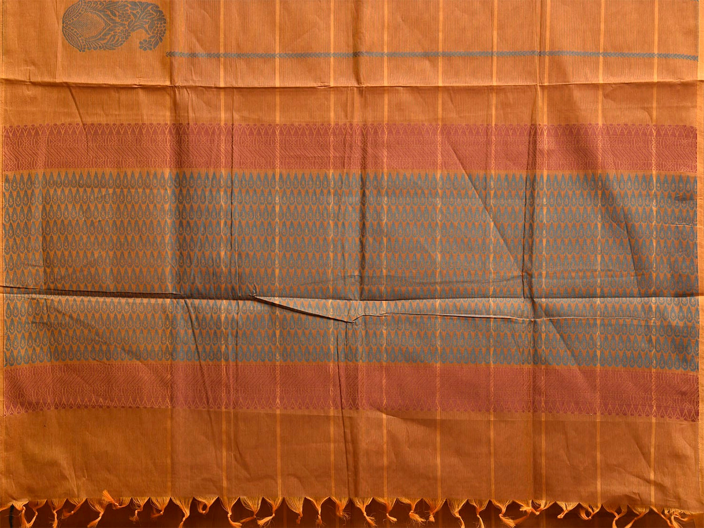 Orange Kanchipuram Cotton Saree with Big Checks and Mango Border Design k0841