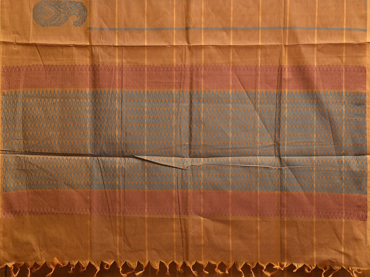 Orange Kanchipuram Cotton Saree with Big Checks and Mango Border Design k0841