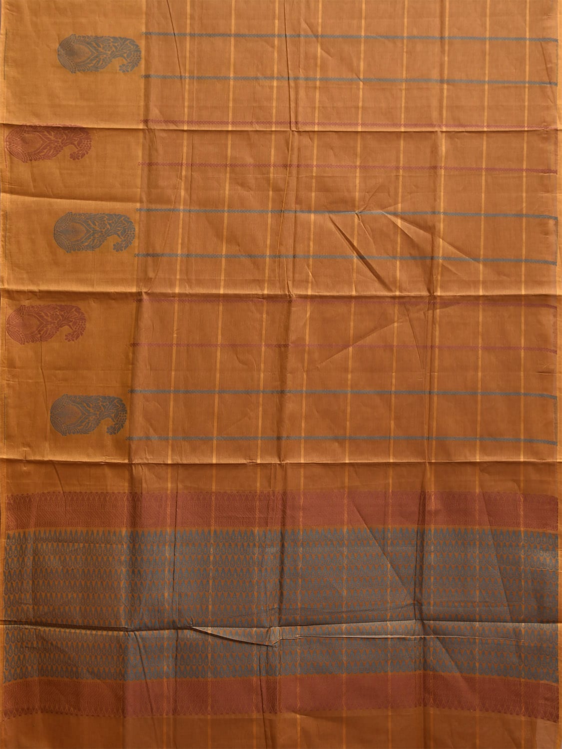 Orange Kanchipuram Cotton Saree with Big Checks and Mango Border Design k0841