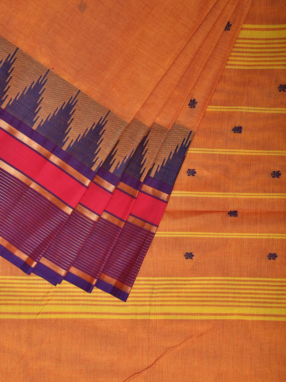 Orange Kanchipuram Cotton Saree with Ganga-Jamuna Temple Border Design k0809