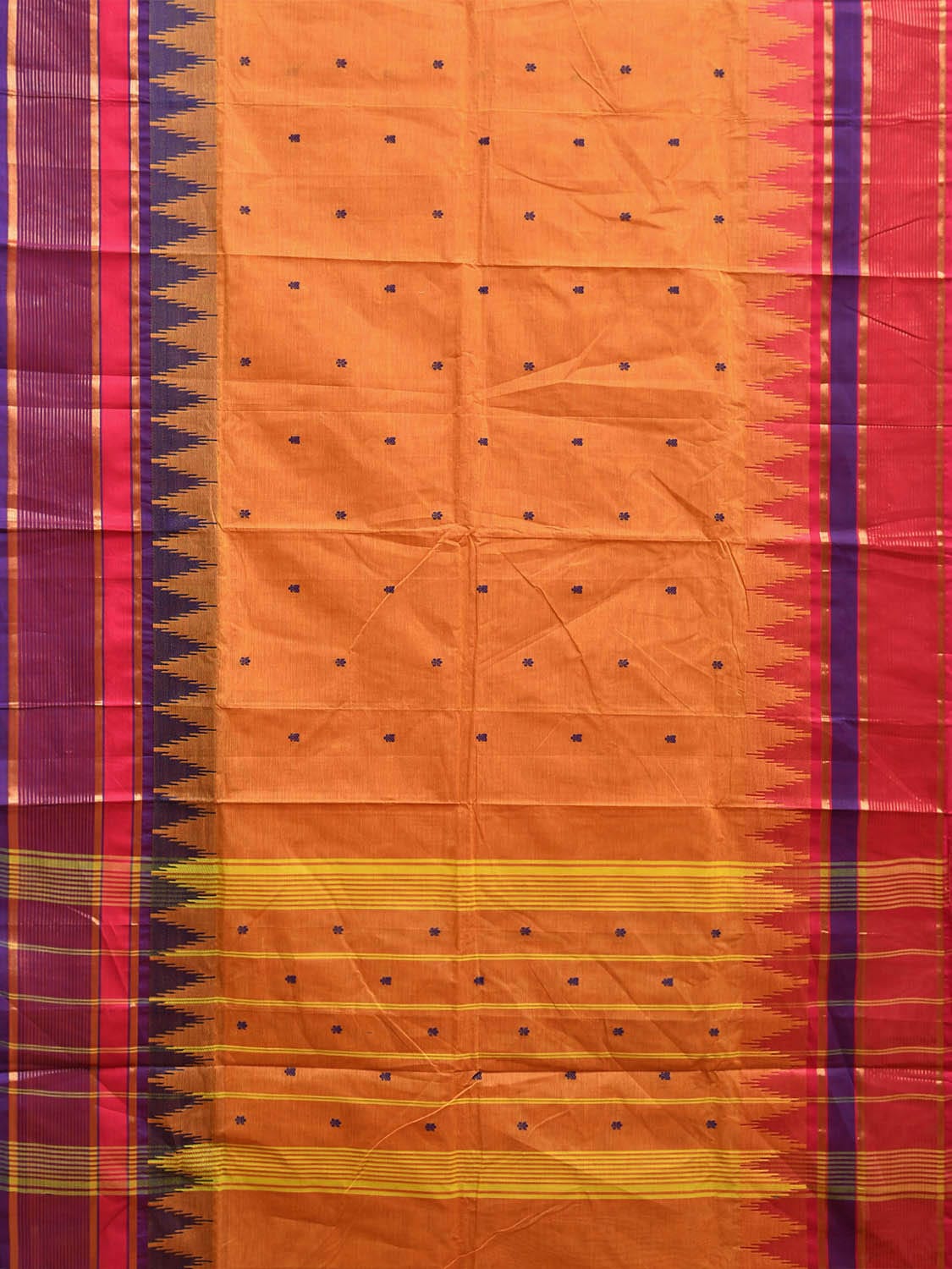 Orange Kanchipuram Cotton Saree with Ganga-Jamuna Temple Border Design k0809