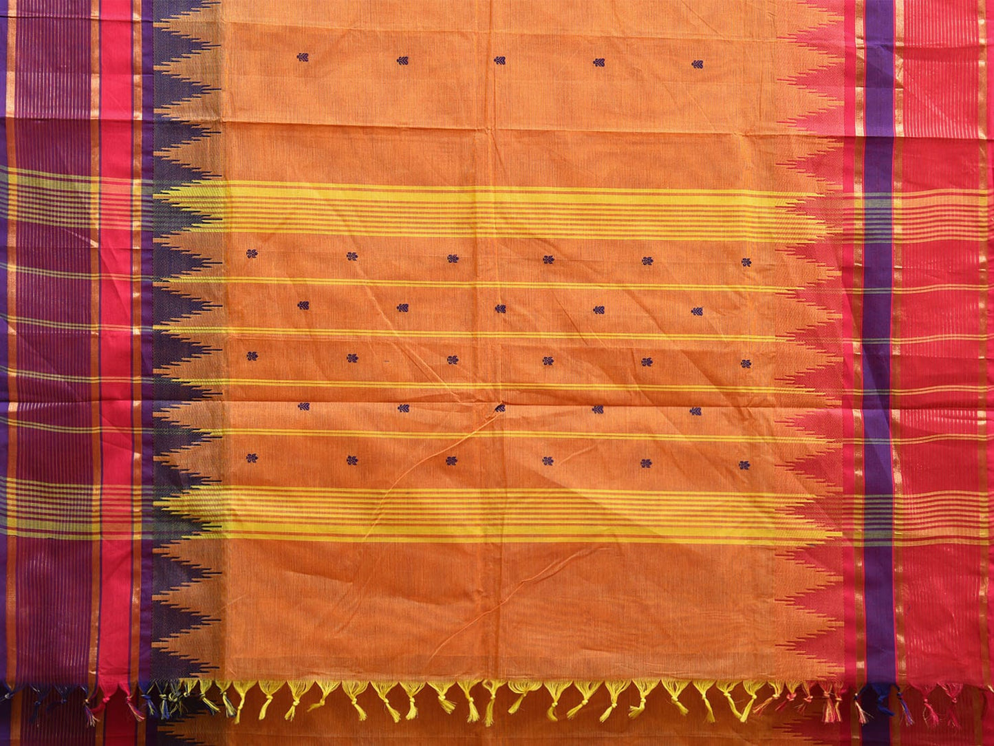 Orange Kanchipuram Cotton Saree with Ganga-Jamuna Temple Border Design k0809