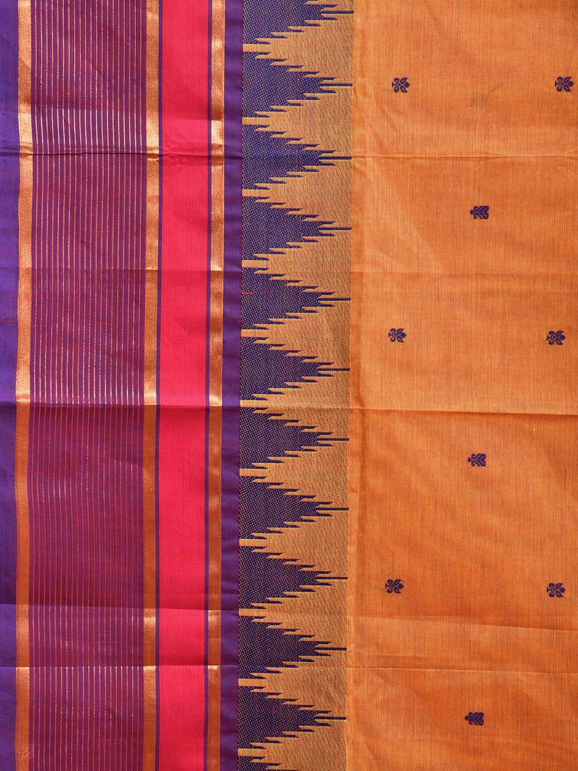 Orange Kanchipuram Cotton Saree with Ganga-Jamuna Temple Border Design k0809