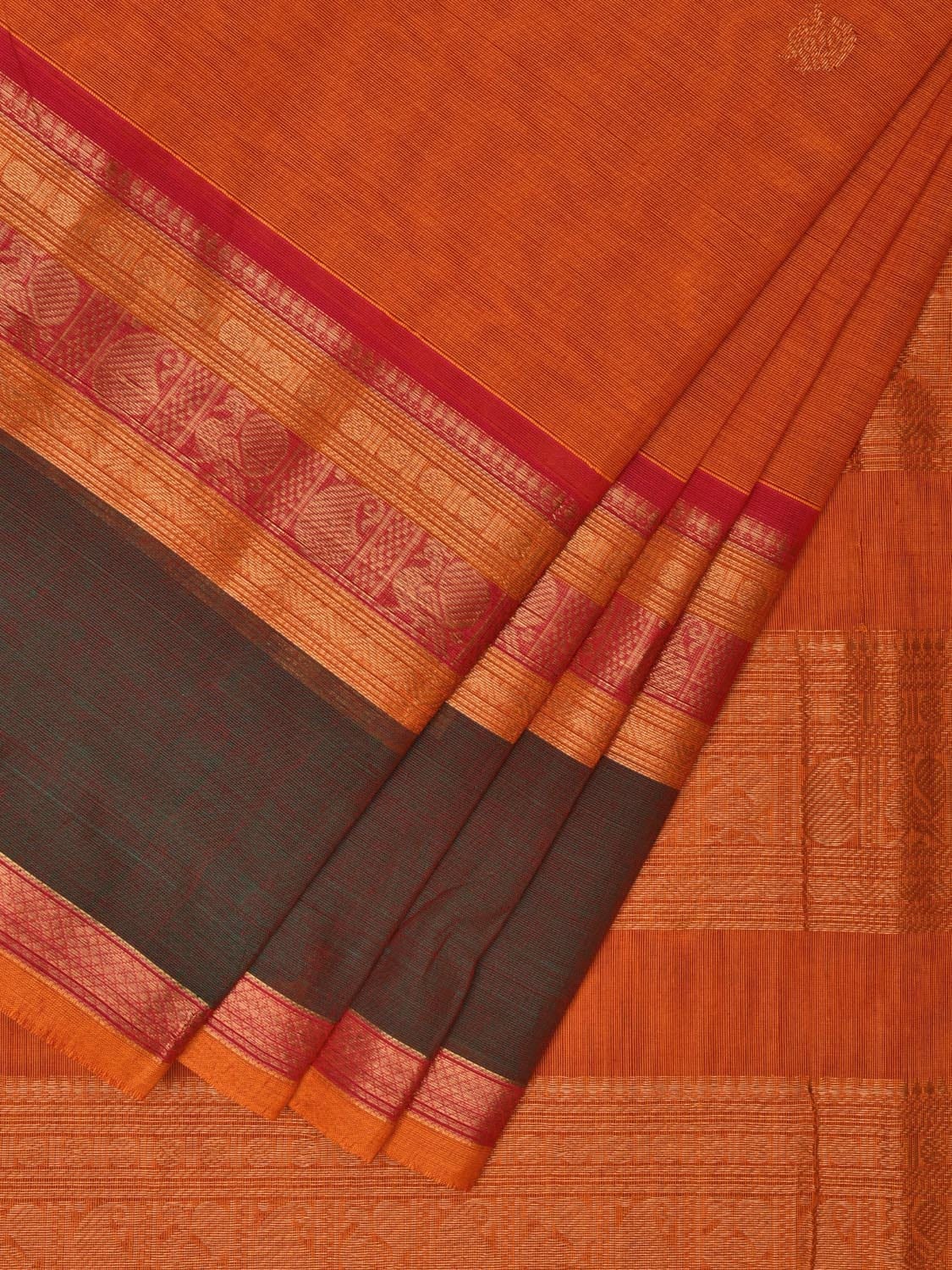 Orange Kanchipuram Cotton Saree with Pallu and Peacock-Mango Border Design k0713