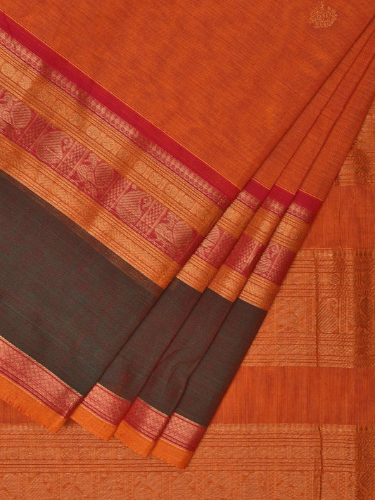 Orange Kanchipuram Cotton Saree with Pallu and Peacock-Mango Border Design k0713