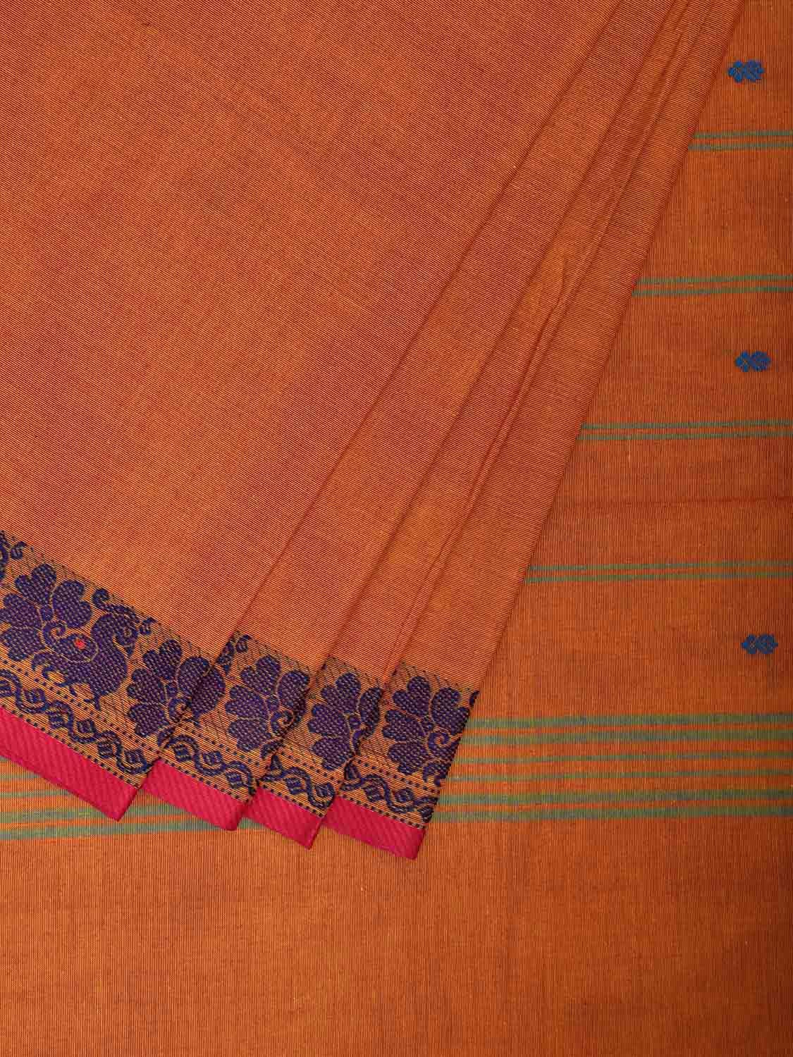 Orange Kanchipuram Cotton Saree with Peacocks Border Design k0814