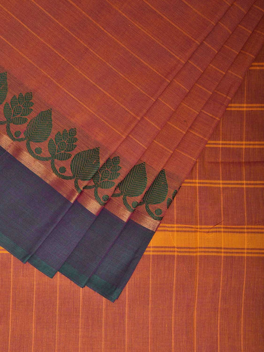 Orange Kanchipuram Cotton Saree with Strips and Border Design Kalamkari Blouse k0821