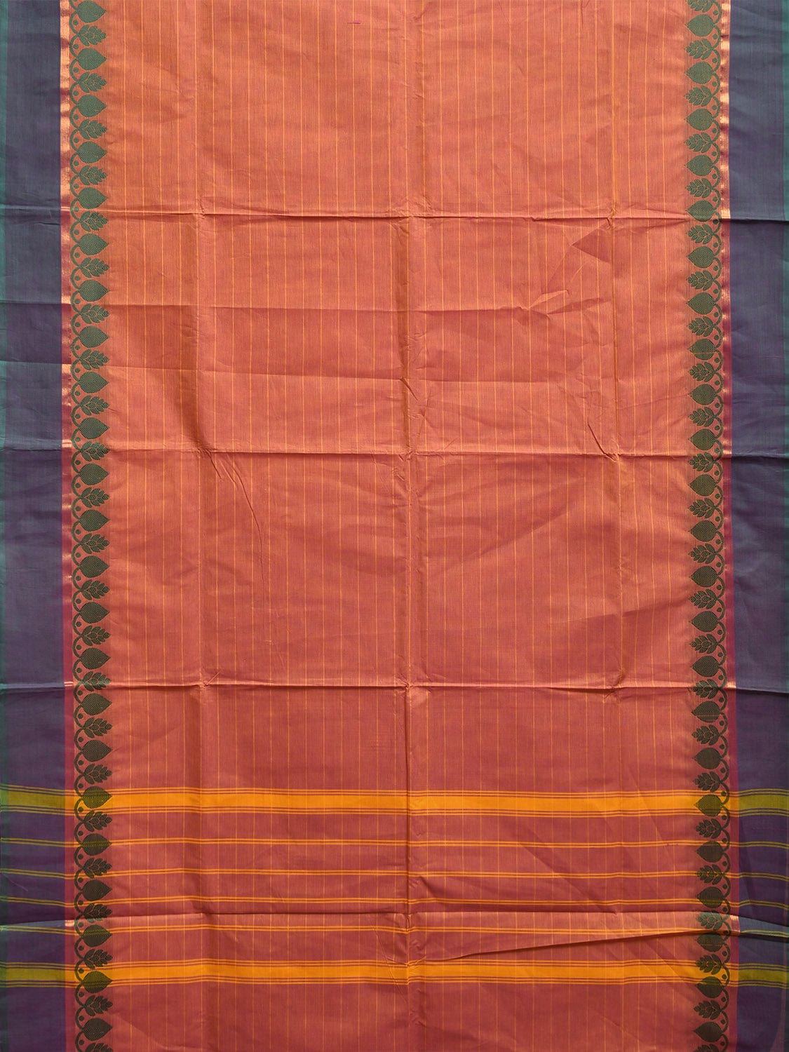 Orange Kanchipuram Cotton Saree with Strips and Border Design Kalamkari Blouse k0821