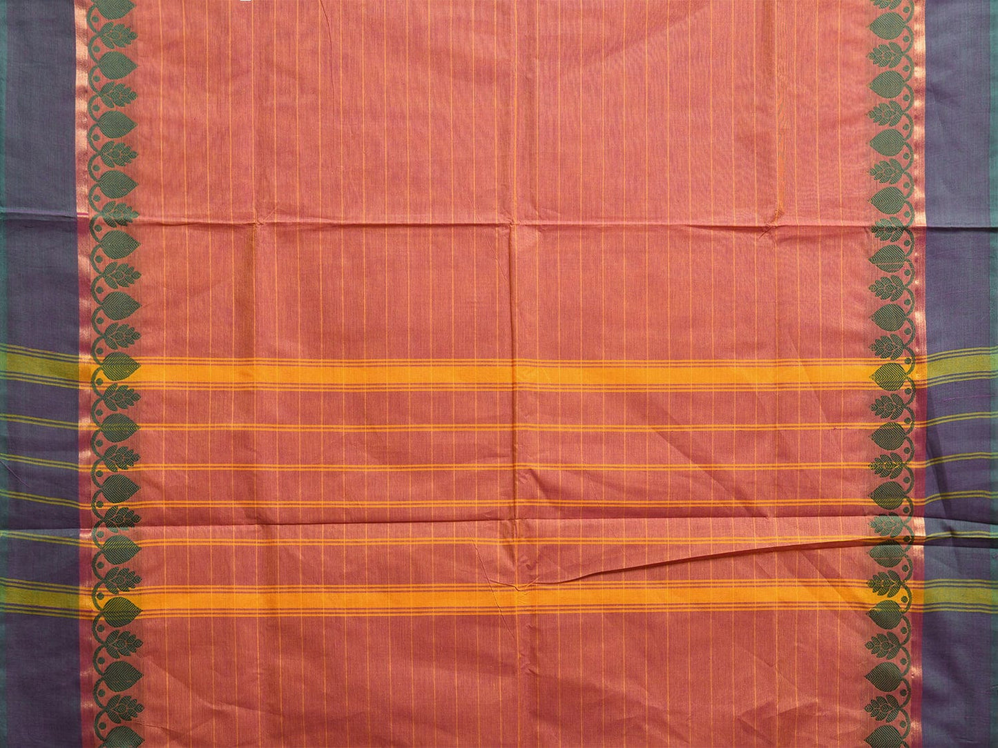 Orange Kanchipuram Cotton Saree with Strips and Border Design Kalamkari Blouse k0821