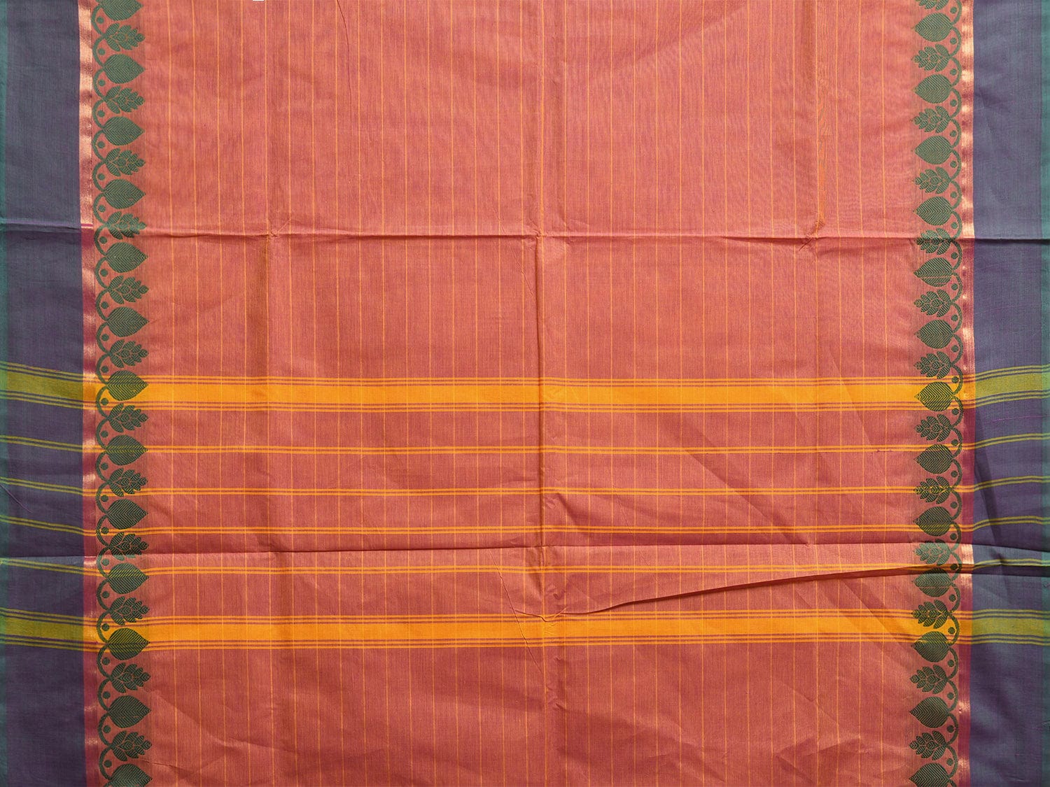 Orange Kanchipuram Cotton Saree with Strips and Border Design Kalamkari Blouse k0821