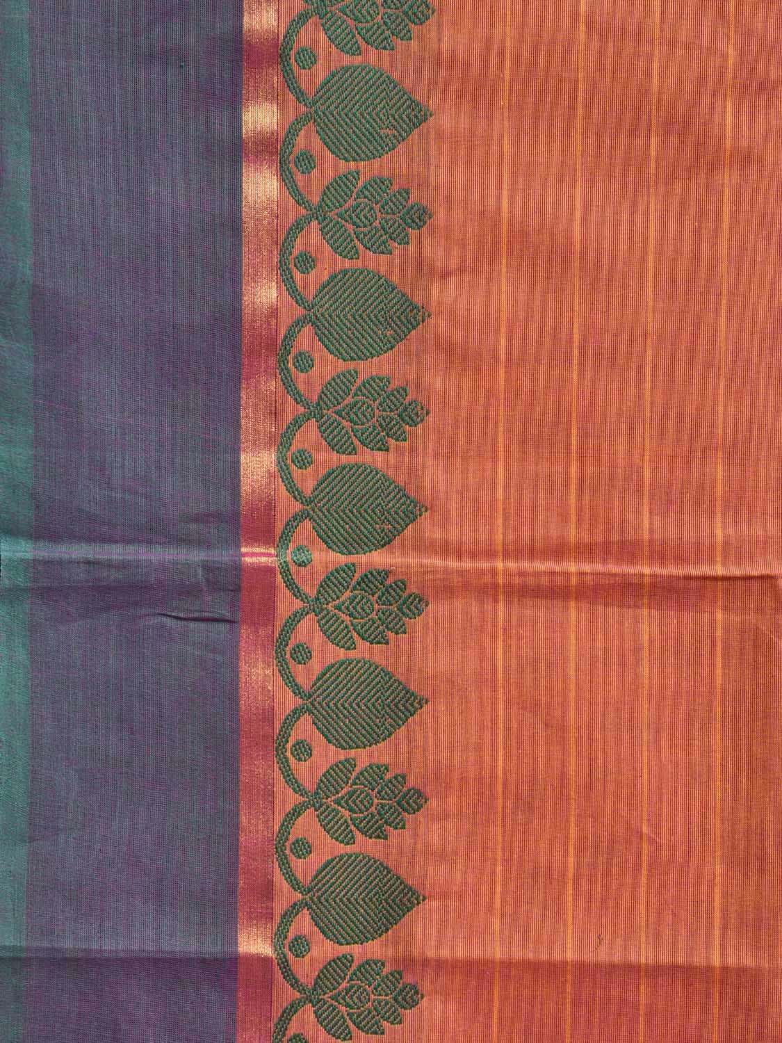 Orange Kanchipuram Cotton Saree with Strips and Border Design Kalamkari Blouse k0821