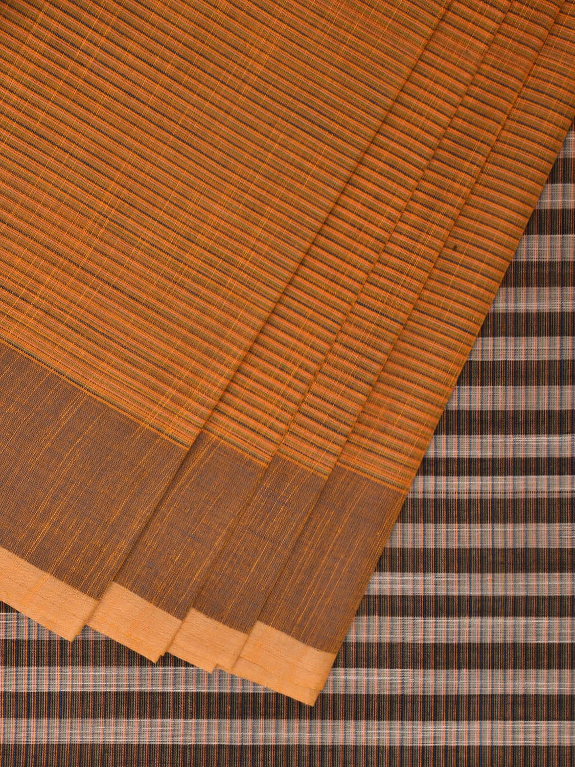 Orange Kanchipuram Cotton Saree with Strips Body and Pallu Design k0604